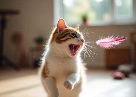 Cat playing with a feather toy from the store
