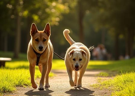 Dog walker and dog enjoying a walk in a park