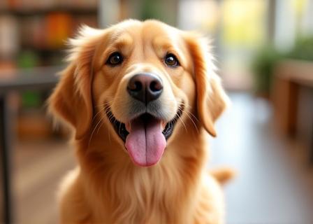 Happy Golden Retriever visiting the store