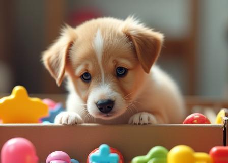 Cute puppy looking at toys in a bin