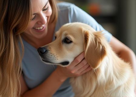 Team member happily petting a dog