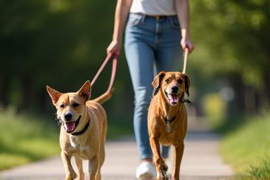 Dog walker with two dogs on leashes