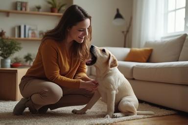 Pet sitter playing with a dog indoors